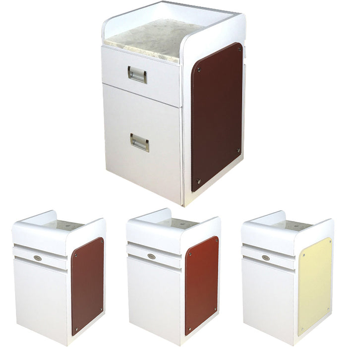 The Nail Salon Pedi Cart is intended to be a useful and practical tool for nail technicians, increasing productivity by making equipment easily accessible. It is possible that the cart has many drawers, sections, or shelves to hold and arrange necessary nail art supplies.
