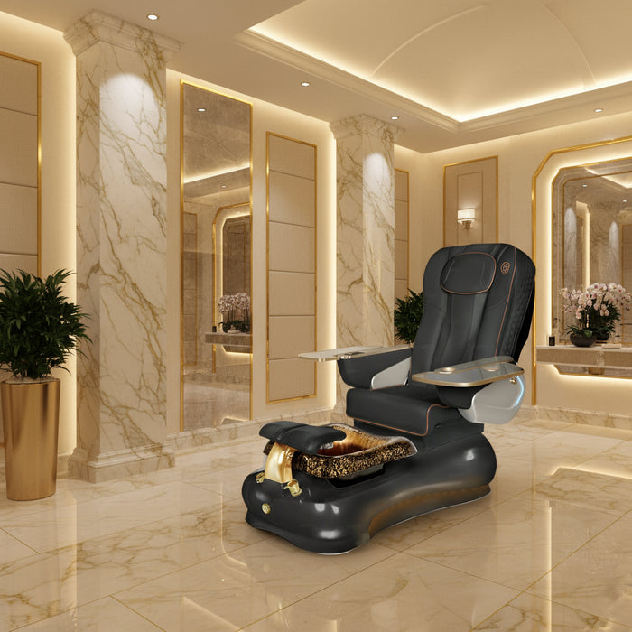 A black La Fleur 3 Pedicure Chair with an adjustable footrest, massage options, and a retractable spray head.