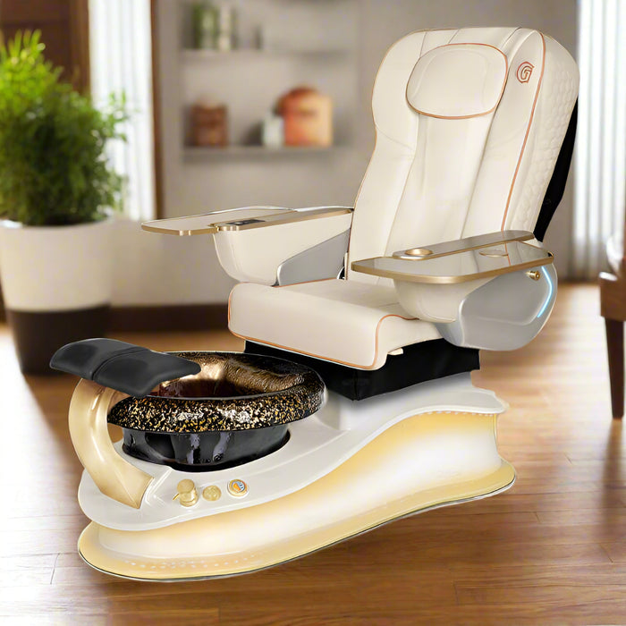 An elegant Pearl White La Mira Pedicure Chair with a handcrafted glass bowl, featuring a luxurious design with multiple adjustable settings and a shiatsu massage system.