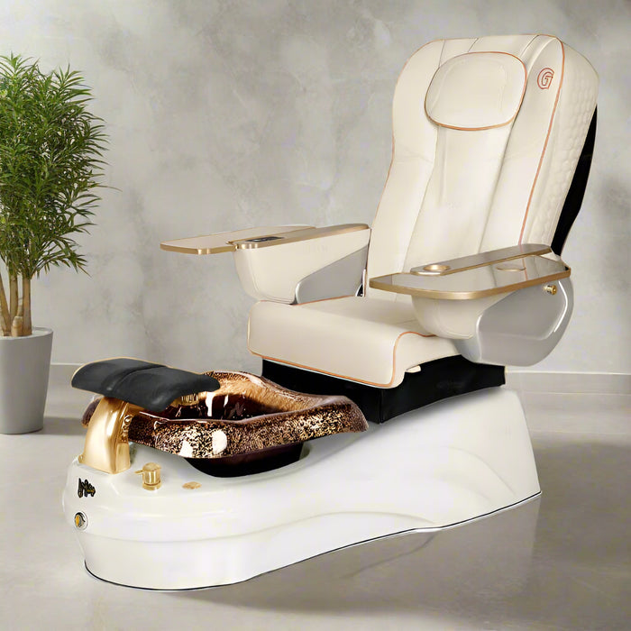 Gulfstream La Tulip 2 pedicure chair with luxurious upholstery, featuring a full-body massage system, pipeless jet system, LED bowl lighting, and adjustable footrest.