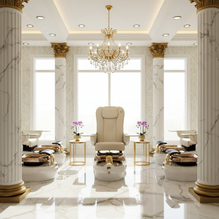 Gulfstream La Tulip 2 pedicure chair with luxurious upholstery, featuring a full-body massage system, pipeless jet system, LED bowl lighting, and adjustable footrest.