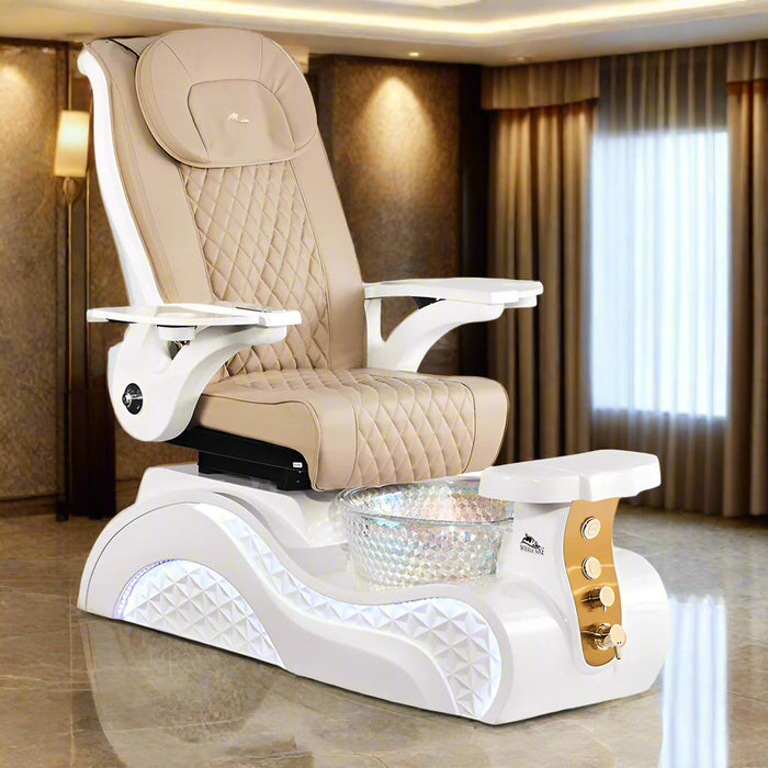 A luxurious pedicure chair with gold accents, a crystal-glass basin, and a diamond-quilted PU vegan leather seat, equipped with ShadowTexture™ lighting and a gold panel accent.