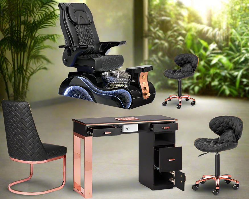 A set of spa chairs and a pedicure chair package, featuring rose gold accents, a crystal-glass basin, and LED lighting.