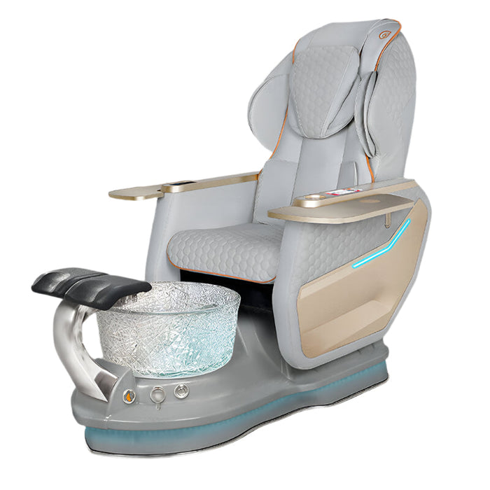 Gulfstream pedicure chair with a clear glass bowl and footrest in a spa setting.