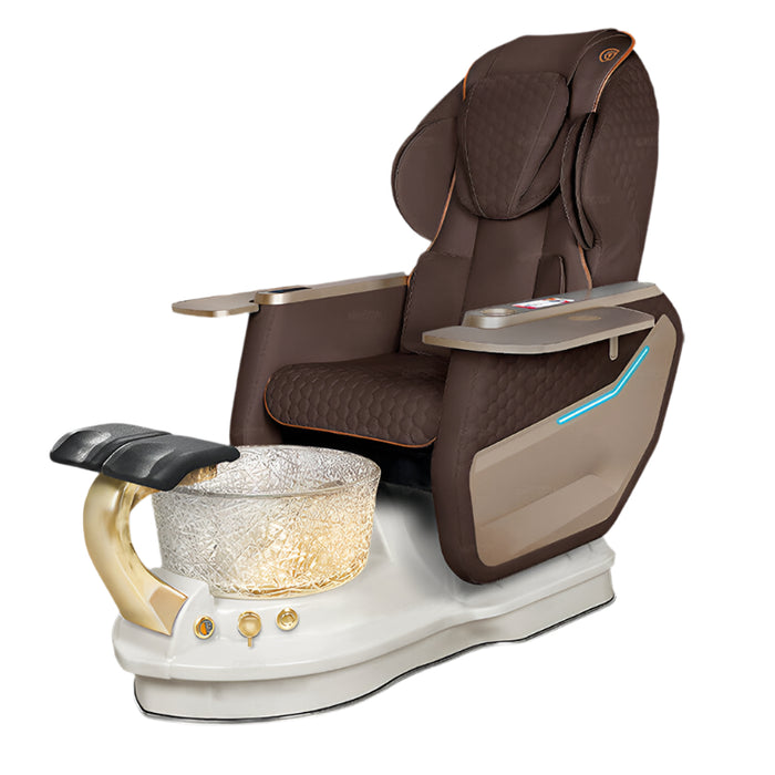 Chocolate and white pedicure chair with a crystal glass bowl.