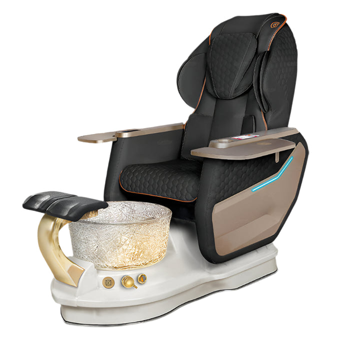 Black and white pedicure chair with a glass bowl on a gray floor.