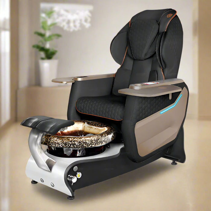 Black leather and white pedicure base with a rustic gold bowl on featuring Gulfstream branding.