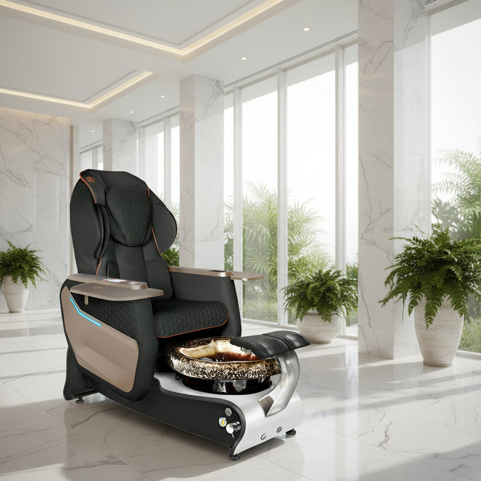 Black leather and white pedicure base with a rustic gold bowl on featuring Gulfstream branding.