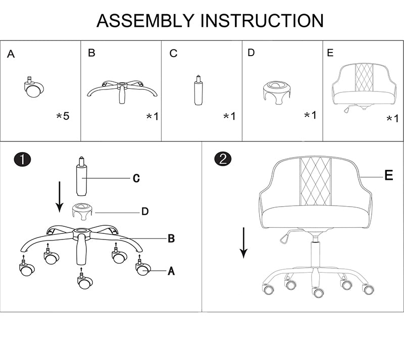 Assembly instruction diagram for a chair with parts labeled A to E.