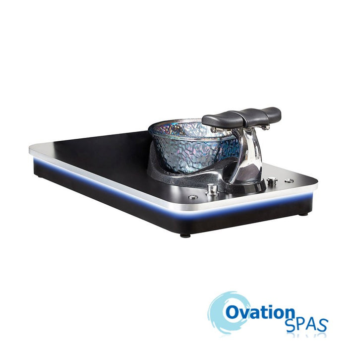Black pedicure base with LED accent lighting, designed to accommodate various chairs, featuring a magnet jet and disposable spa liner compatibility.
