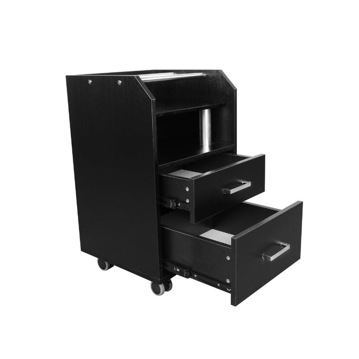 A collection of glass top accessory carts on wheels, available in black, white, and beige colors, featuring storage drawers and shelves.