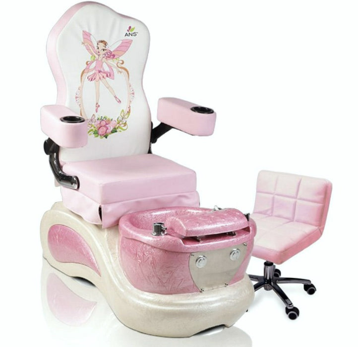 A pink and white kid pedicure spa chair with a character design, featuring a jacuzzi tub and adjustable settings.