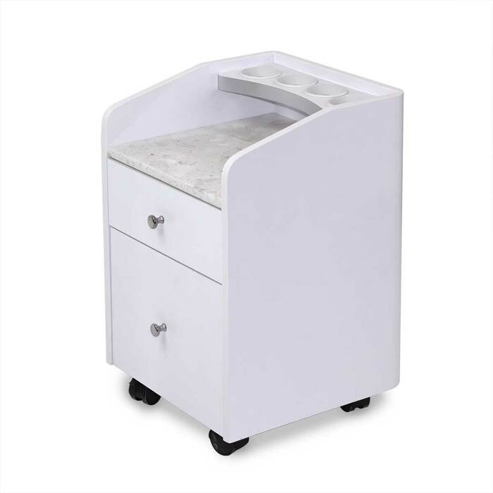 The Sonoma Pedi Trolley is the perfect accent for your pedicure spa with its off white granite, with multi shades of beige and grey, and brushed aluminum accent. The 4 supply holders and 2 drawers will give the pedicurist room to hold all their supplies.