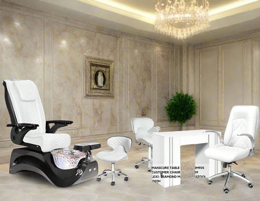 Promotional image featuring the Alden Crystal Pedicure Chair Package with an Italian leather and crystal glass design, including a manicure table, pedicure chair, client chair, and an employee chair. Icons indicate features such as built-in USB, remote control, and adjustable footrest with calf support.