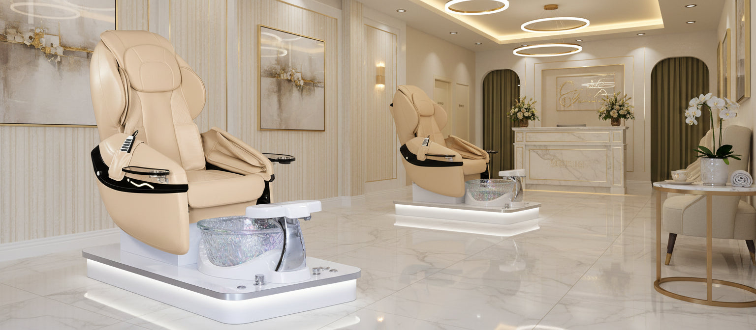 Whale Spa's newest pedicure chair invention, the Omnia Freeform, brings a touch of modern elegance to any location.  Its upper-body massage method, which targets the arms, hips, and upper body.