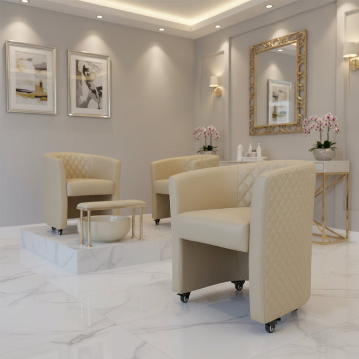 Four barrel customer chairs in different colors (Cream, Gray, Espresso, and Cappuccino) with a sleek and contemporary design, featuring a curved backrest and a soft seat, set on wheels.