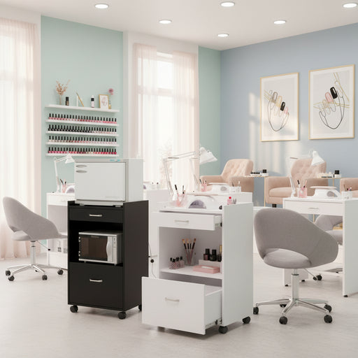 A trolley featuring a hot towel cabinet and sterilizer machine with two drawers and a control panel on top. One drawer is open, showing the internal compartments.