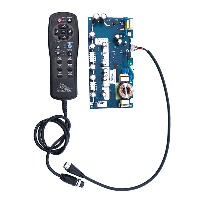 A pedicure massage chair combo repair part consisting of a remote control with a cable, a main PC board, and a remote cable to the main board.
