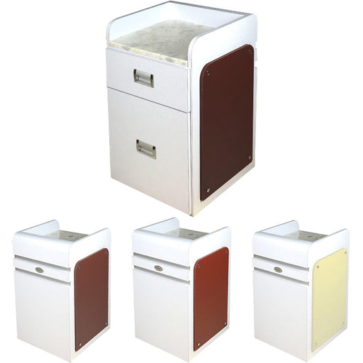 The Nail Salon Pedi Cart is intended to be a useful and practical tool for nail technicians, increasing productivity by making equipment easily accessible. It is possible that the cart has many drawers, sections, or shelves to hold and arrange necessary nail art supplies.