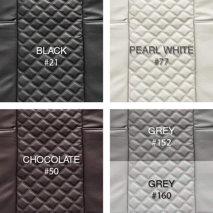 Quilted leather samples in black, pearl white, chocolate, dark grey, black and light grey with color numbers.