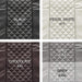 Quilted leather samples in black, pearl white, chocolate, dark grey, black and light grey with color numbers.