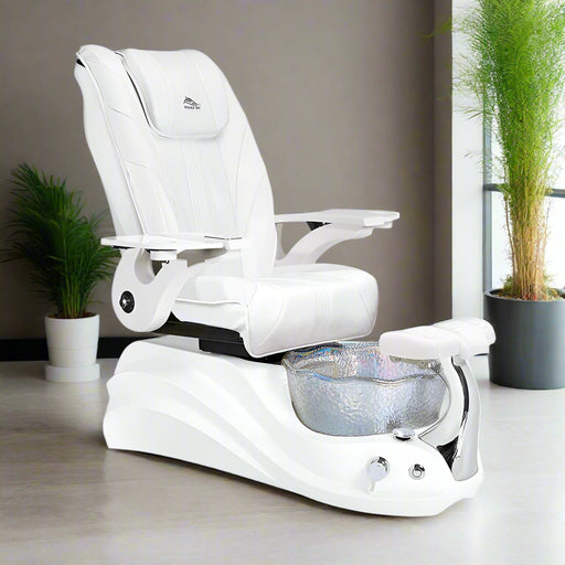 A white pedicure spa chair with a unique floral-shaped 'mother of pearl' iridescent crystal basin, contoured leather seats, and armrests, with a 'Limited 2-Year Warranty' badge and a 'Whale Spa' branding on the side.