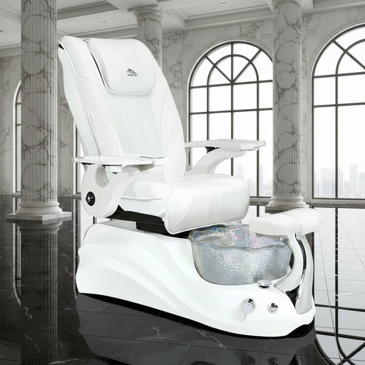 A white pedicure spa chair with a unique floral-shaped 'mother of pearl' iridescent crystal basin, contoured leather seats, and armrests, with a 'Limited 2-Year Warranty' badge and a 'Whale Spa' branding on the side.