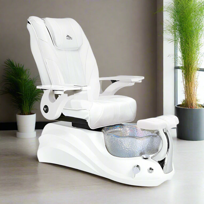 A white pedicure spa chair with a unique floral-shaped 'mother of pearl' iridescent crystal basin, contoured leather seats, and armrests, with a 'Limited 2-Year Warranty' badge and a 'Whale Spa' branding on the side.