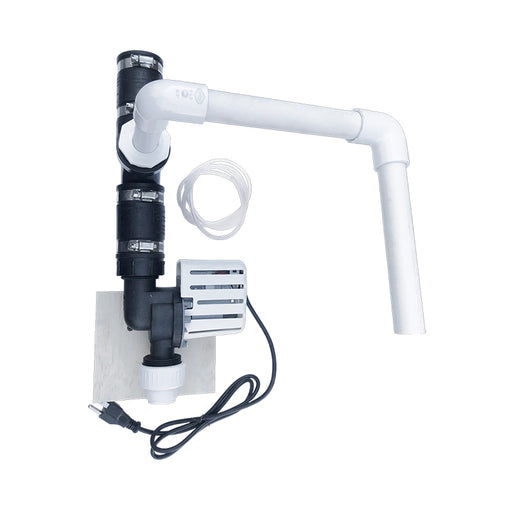 A discharge pump kit, including a white pump with black and red details, attached to a black hose, with a power cord visible.