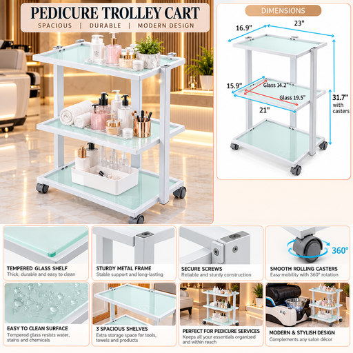 A pedicure trolley cart with three glass shelves and a white metal frame, shown in a furnished room setting alongside a dimension diagram and feature callout panels.