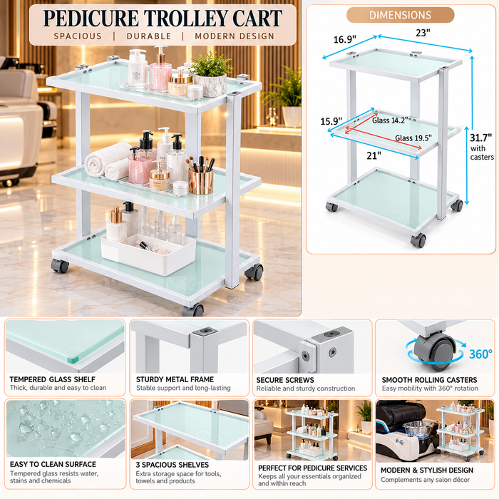 A pedicure trolley cart with three glass shelves and a white metal frame, shown in a furnished room setting alongside a dimension diagram and feature callout panels.
