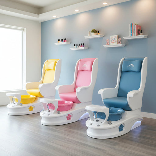 Three pedicure chairs designed for kids, featuring a rose pink, blue, and white color scheme, with an LED light strip on the base and a fiberglass basin.