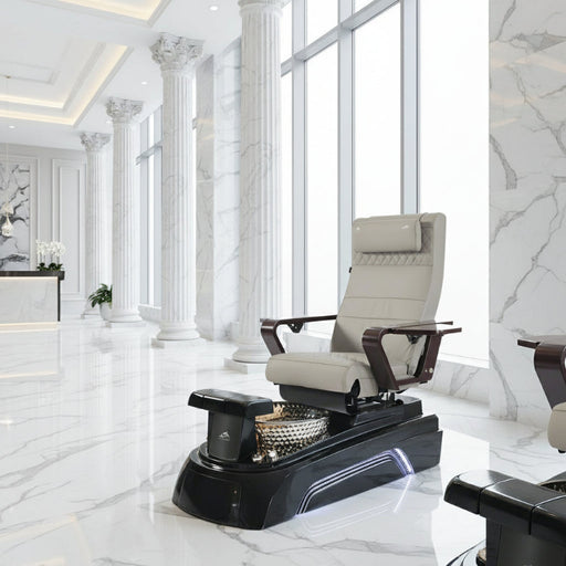 A black pedicure spa chair with a wooden armrest and base, featuring airbag movement technology and a built-in basin with LED lighting.