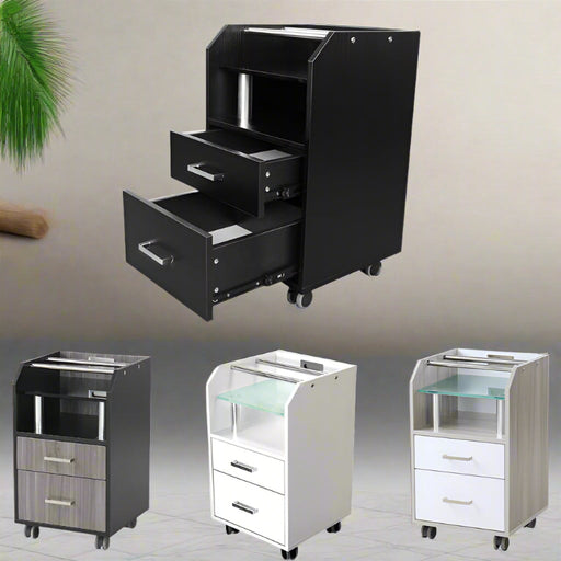 A gorgeous glass top pedi-cart or trolley will mix and match your salon's furnishings with ease. Reception desks and matching nail tables with glass tops are also available. Bottle holding holes with a diameter of up to 4" to 4.25" and an easily cleaned top shelf made of tempered glass.