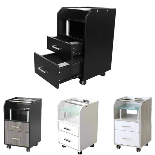 A gorgeous glass top pedi-cart or trolley will mix and match your salon's furnishings with ease. Reception desks and matching nail tables with glass tops are also available. Bottle holding holes with a diameter of up to 4" to 4.25" and an easily cleaned top shelf made of tempered glass.