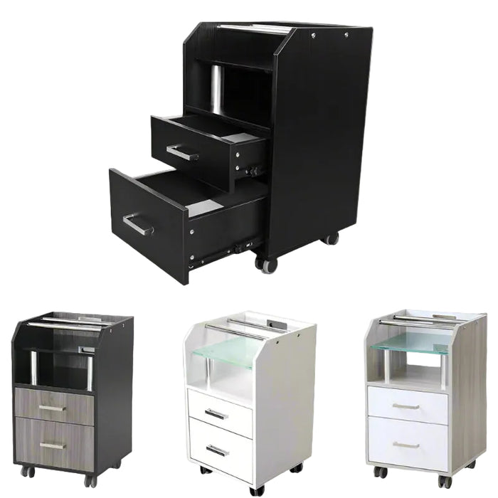 A gorgeous glass top pedi-cart or trolley will mix and match your salon's furnishings with ease. Reception desks and matching nail tables with glass tops are also available. Bottle holding holes with a diameter of up to 4" to 4.25" and an easily cleaned top shelf made of tempered glass.