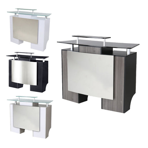 A collection of four different configurations of a reception desk with a wooden cabinet and stainless steel accents, featuring glass tops and stainless steel belts.