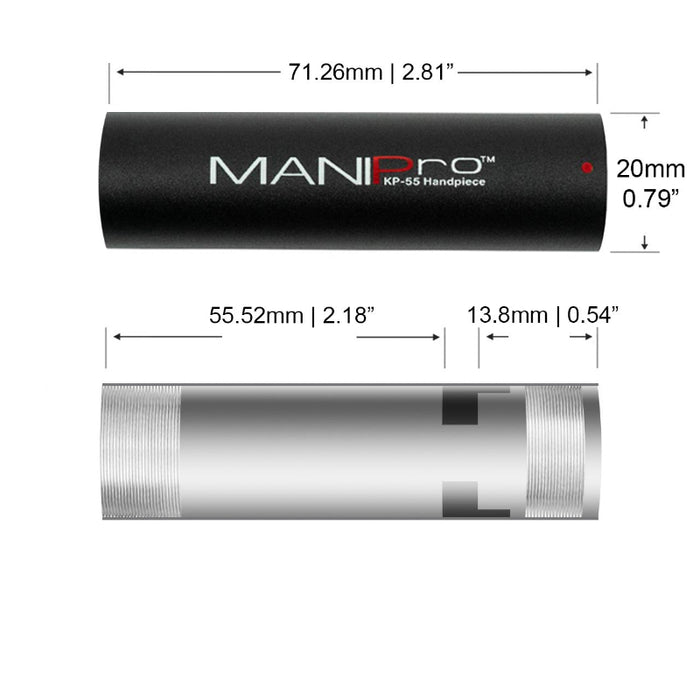 OEM replacement housing Version 102 (#KP55-01) for KUPA KP-55 handpiece. Metal body shell Ø ≈ 20 mm × length ≈ 71.26 mm, designed to restore structural alignment and performance in the Professional KP-55 nail-drill handpiece.