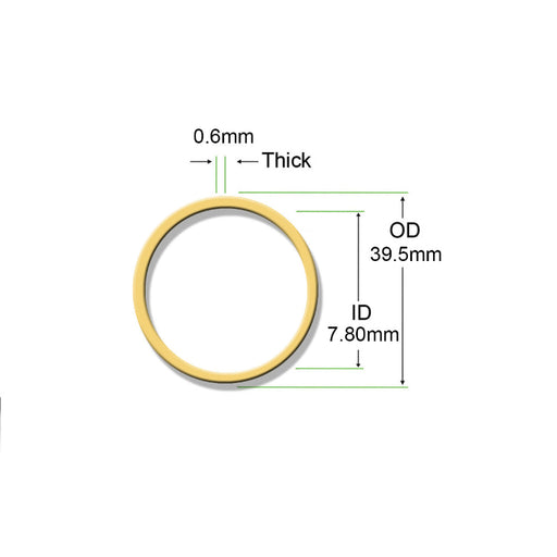 OEM KUPA brass washer #KP-6025 for KP-60A handpieces. Copper alloy, OD ~39.59 mm, ID ~7.80 mm, thickness 0.6 mm. Ensures correct spacing and alignment in high-speed nail-drill handpieces.