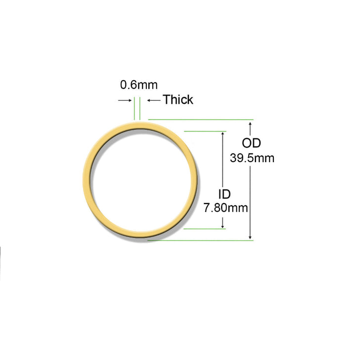 OEM KUPA brass washer #KP-6025 for KP-60A handpieces. Copper alloy, OD ~39.59 mm, ID ~7.80 mm, thickness 0.6 mm. Ensures correct spacing and alignment in high-speed nail-drill handpieces.