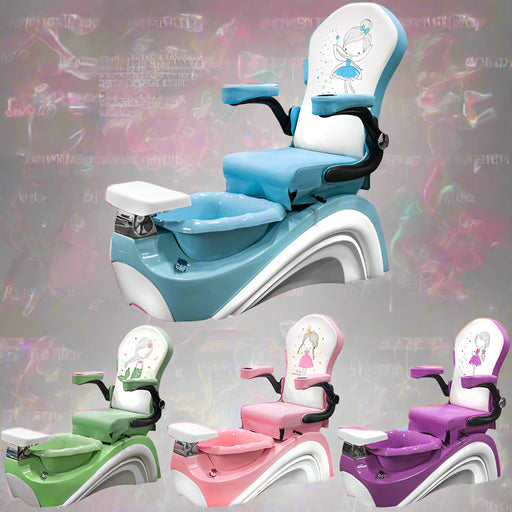 A collection of four kids' pedicure chairs in different colors (green, pink, purple, and white) each featuring cute character designs on the side.