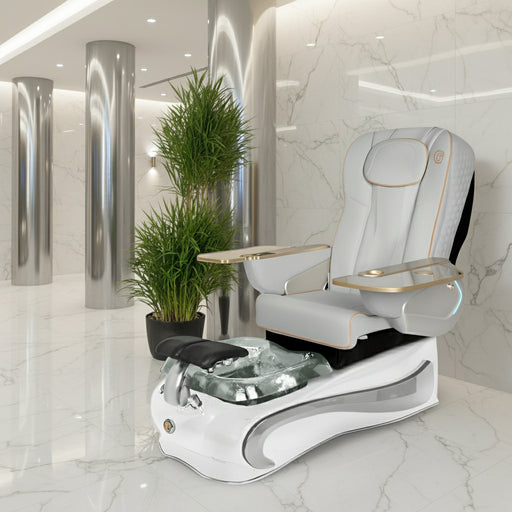 A modern La Fleur 4 Pedicure Spa chair with an adjustable footrest, contoured backrest, and a retractable spray head and hose, in a sleek white color with orange accents.