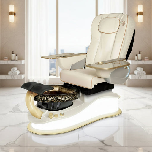 An elegant Pearl White La Mira Pedicure Chair with a handcrafted glass bowl, featuring a luxurious design with multiple adjustable settings and a shiatsu massage system.