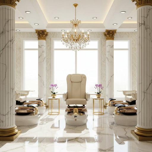 Gulfstream La Tulip 2 pedicure chair with luxurious upholstery, featuring a full-body massage system, pipeless jet system, LED bowl lighting, and adjustable footrest.