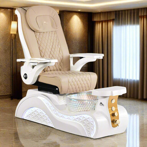 A luxurious pedicure chair with gold accents, a crystal-glass basin, and a diamond-quilted PU vegan leather seat, equipped with ShadowTexture™ lighting and a gold panel accent.