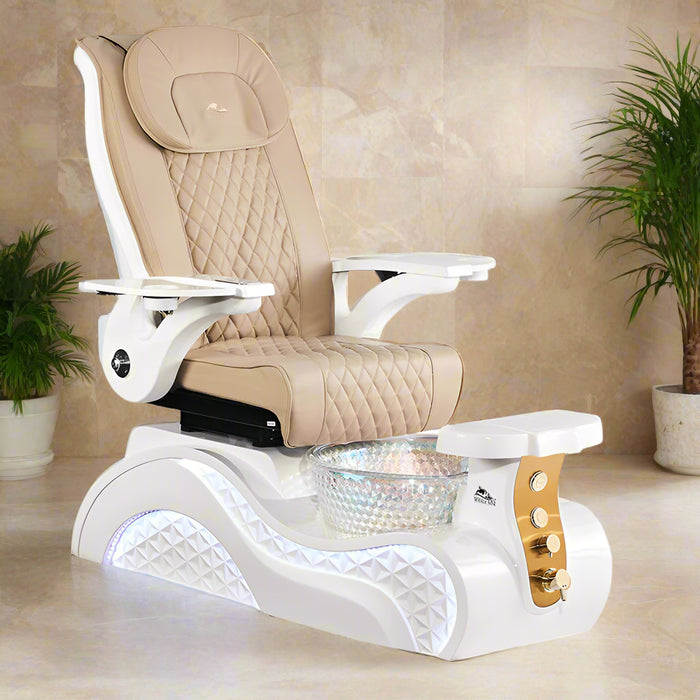 A luxurious pedicure chair with gold accents, a crystal-glass basin, and a diamond-quilted PU vegan leather seat, equipped with ShadowTexture™ lighting and a gold panel accent.