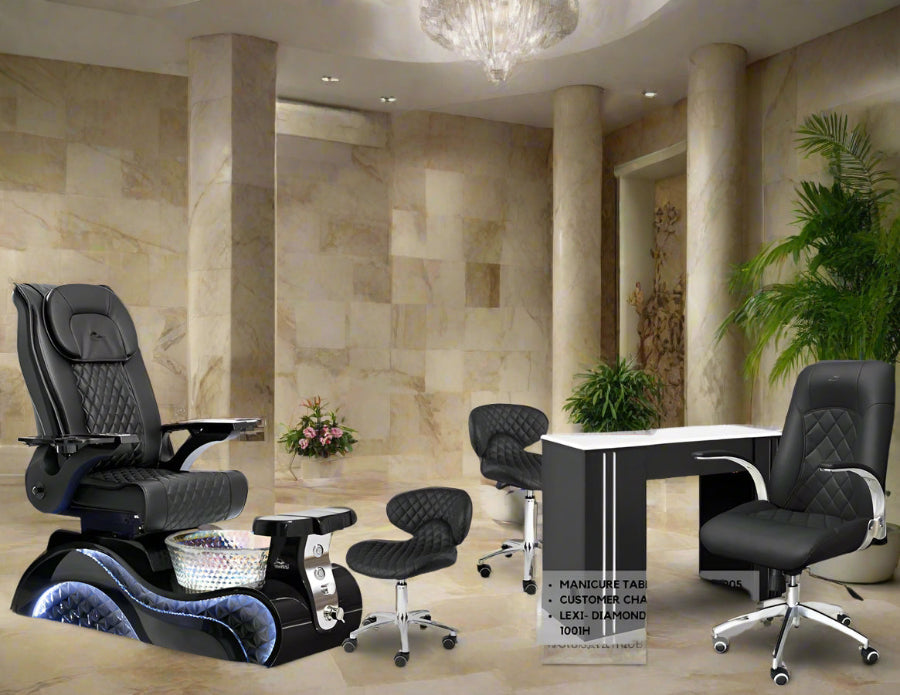 Promotional image featuring the Lucent II Pedicure Chair Package with a pedicure chair, manicure table, customer chair, and employee chair displayed in a showroom setting. Includes text highlighting promotional offers and product features.