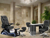 Promotional image featuring the Lucent II Pedicure Chair Package with a pedicure chair, manicure table, customer chair, and employee chair displayed in a showroom setting. Includes text highlighting promotional offers and product features.
