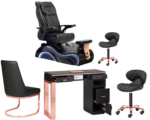 A set of spa chairs and a pedicure chair package, featuring rose gold accents, a crystal-glass basin, and LED lighting.