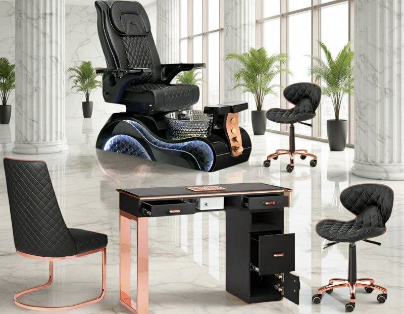 A set of spa chairs and a pedicure chair package, featuring rose gold accents, a crystal-glass basin, and LED lighting.